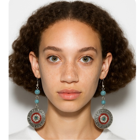 Boho Silver Round Turquoise Bead Drop  Earrings - Picture 2 of 14